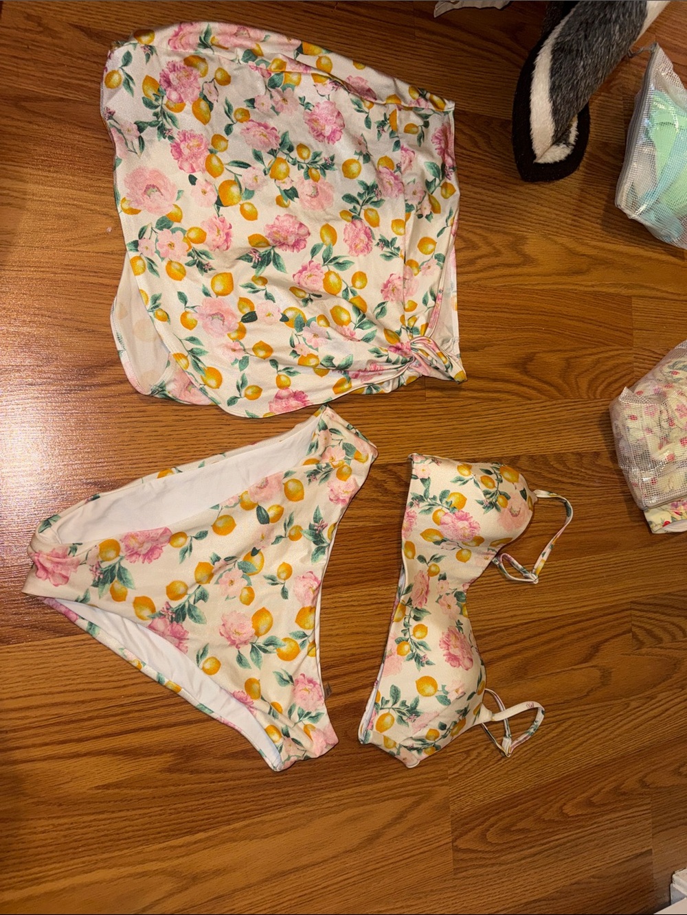 Floral Lemon Print Bikini Set with Matching Cover-Up